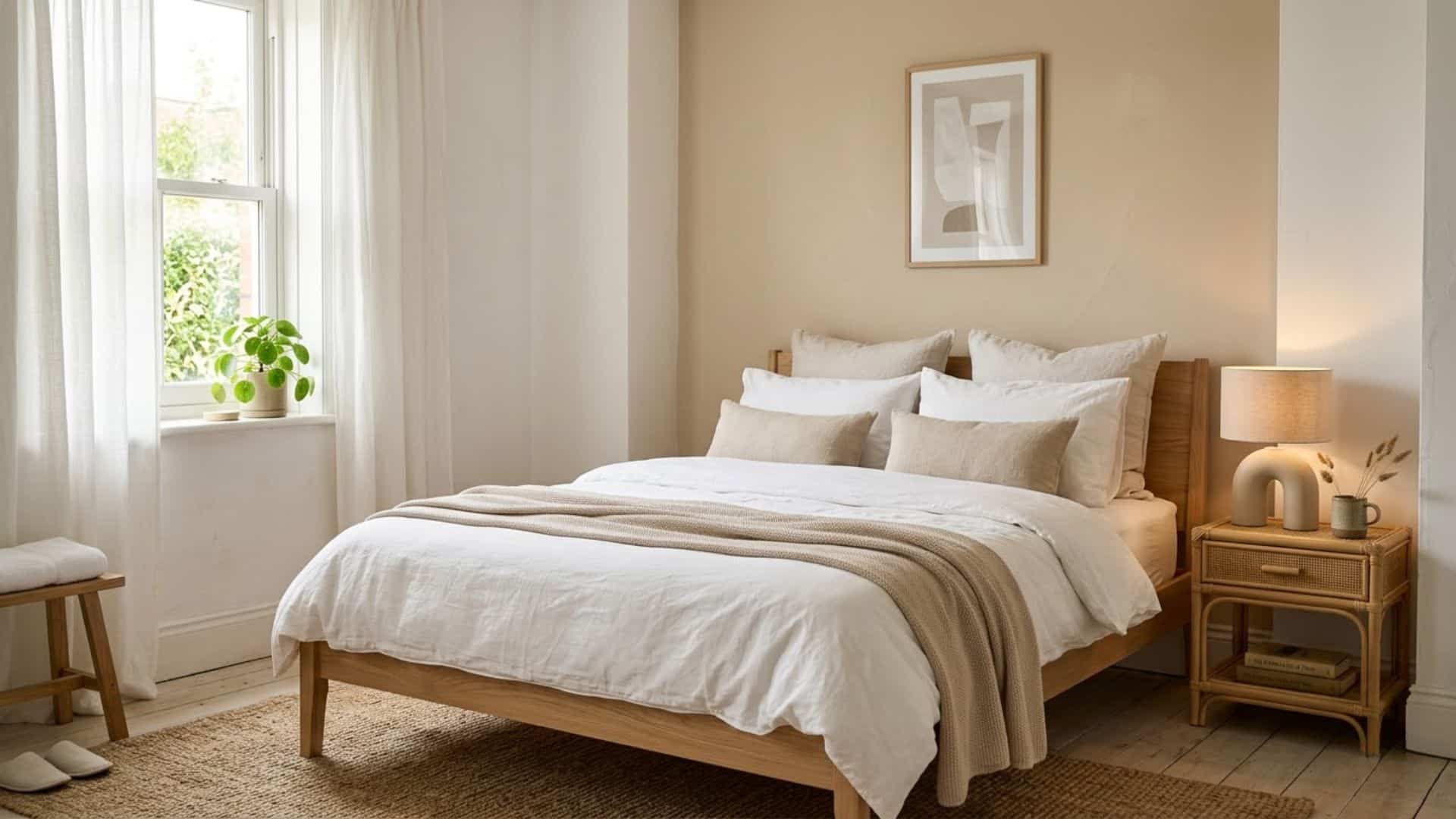 soft sand accent wall bedroom with white bedding woven rug natural wood calm bedroom interior