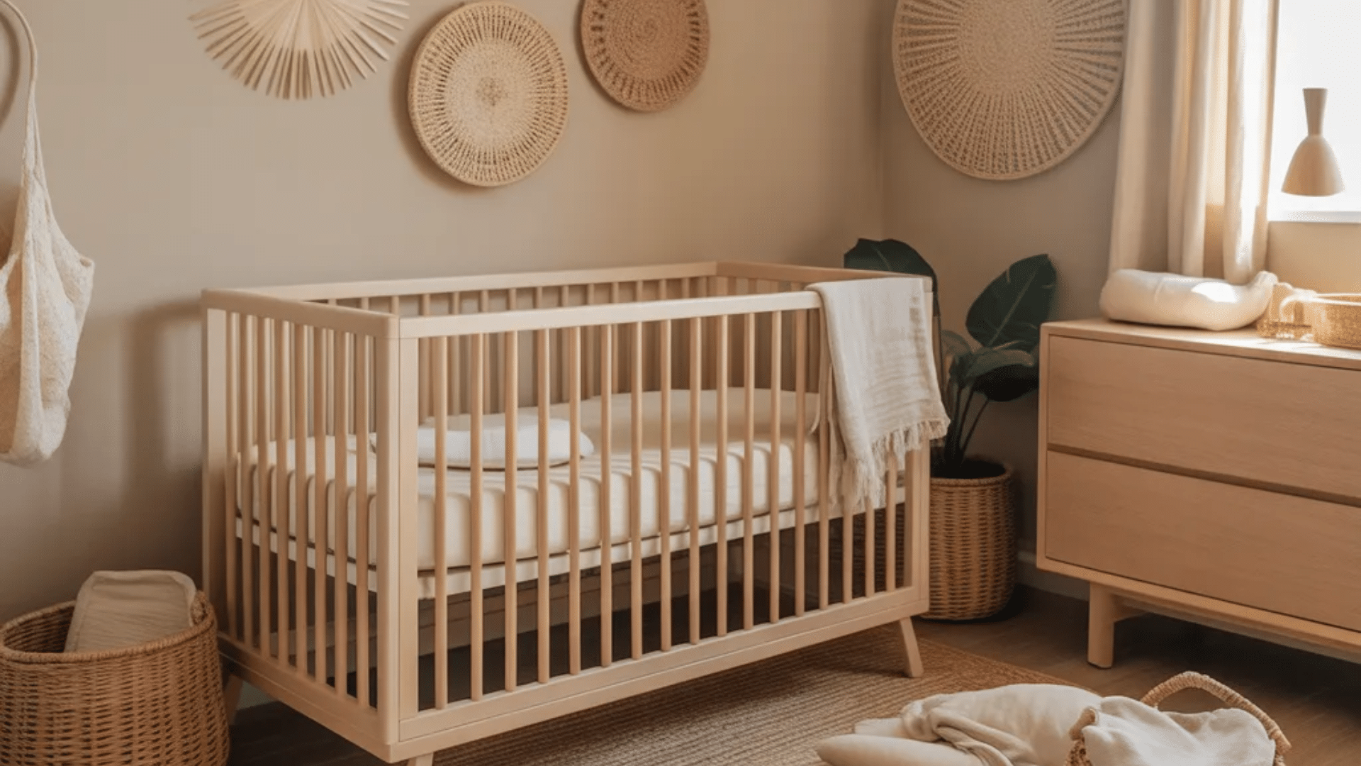 soft sand neutral nursery ideas with wooden crib woven wall decor and cozy natural baby room