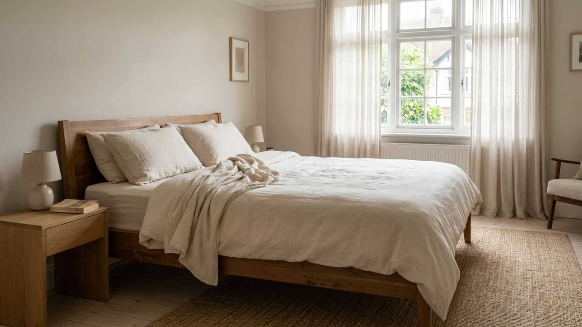 soft throw near head of bed with cream bedding soft light minimal pillows cozy balanced bedroom styling idea