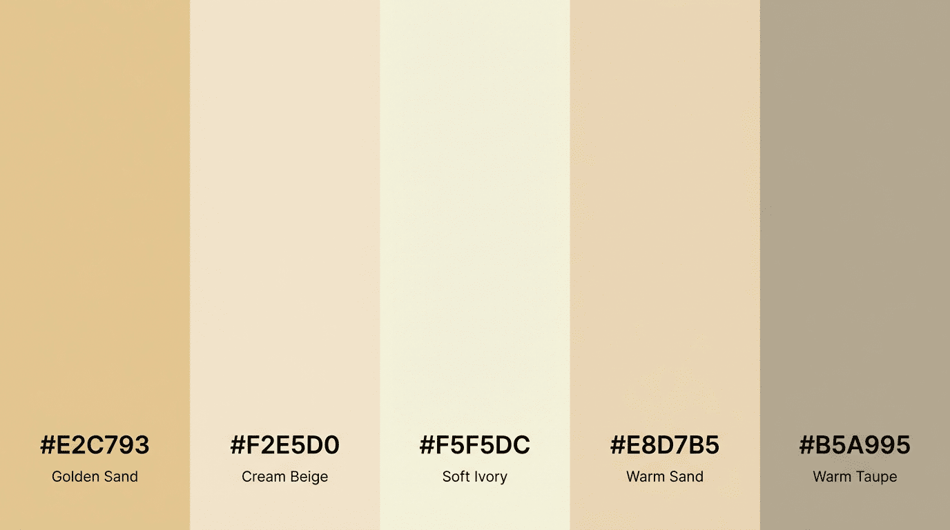 soft warm palette of golden sand cream beige ivory and taupe tones arranged vertically with hex codes and labels