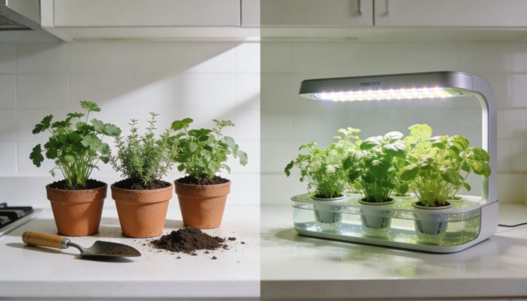 soil vs hydroponic indoor herb gardens