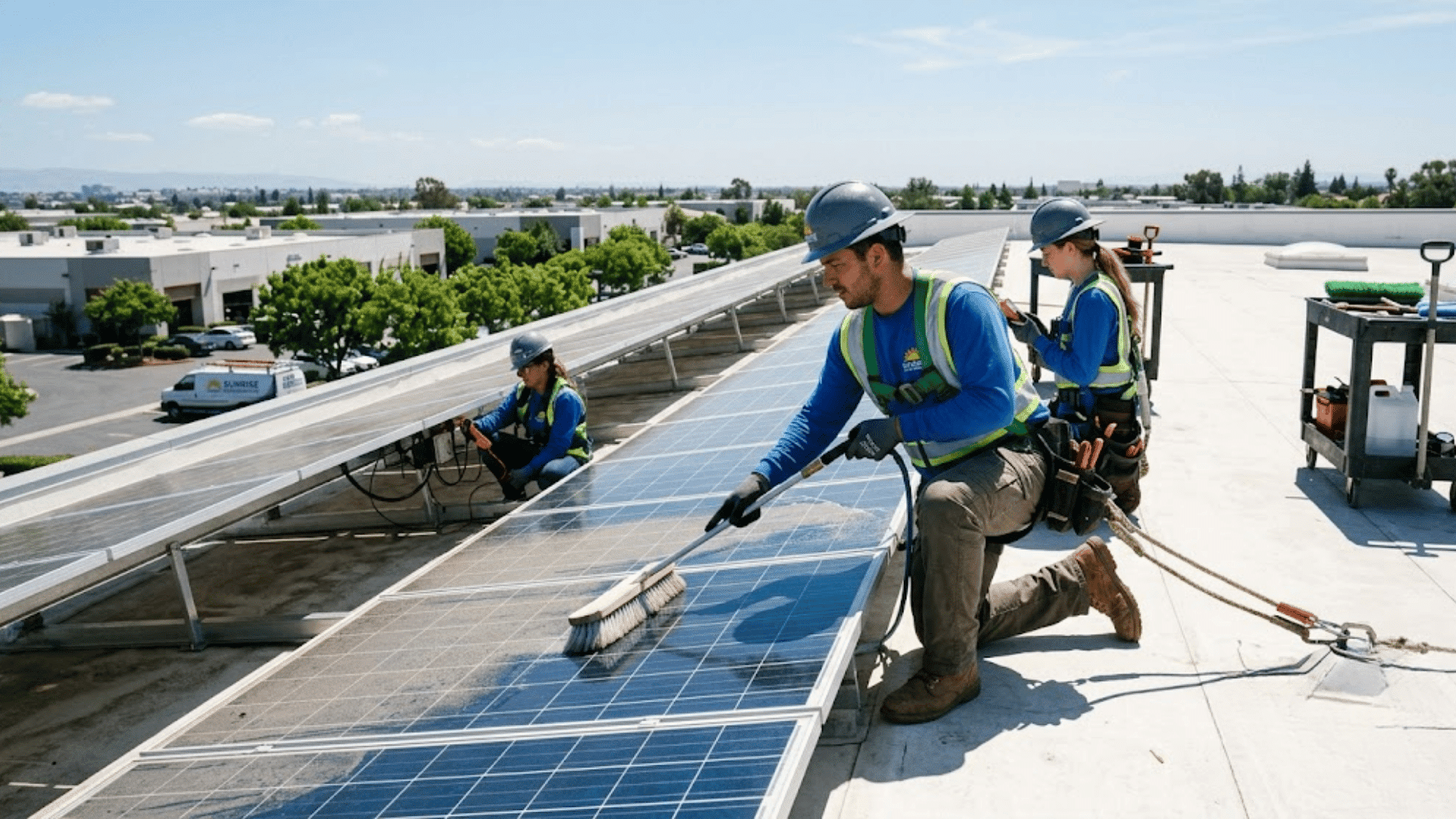 solar panel maintenance cost depicting labours working on cleaning solar panels