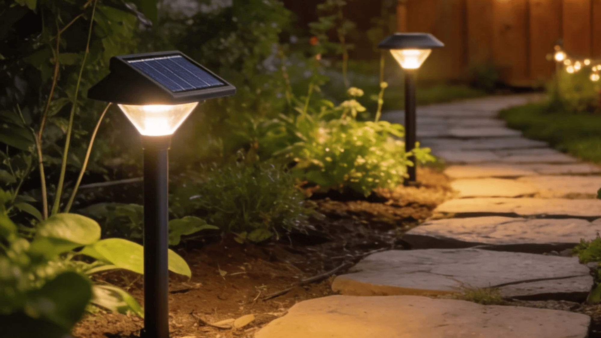 solar pathway lights lining garden walkway illuminating plants and stone path at dusk
