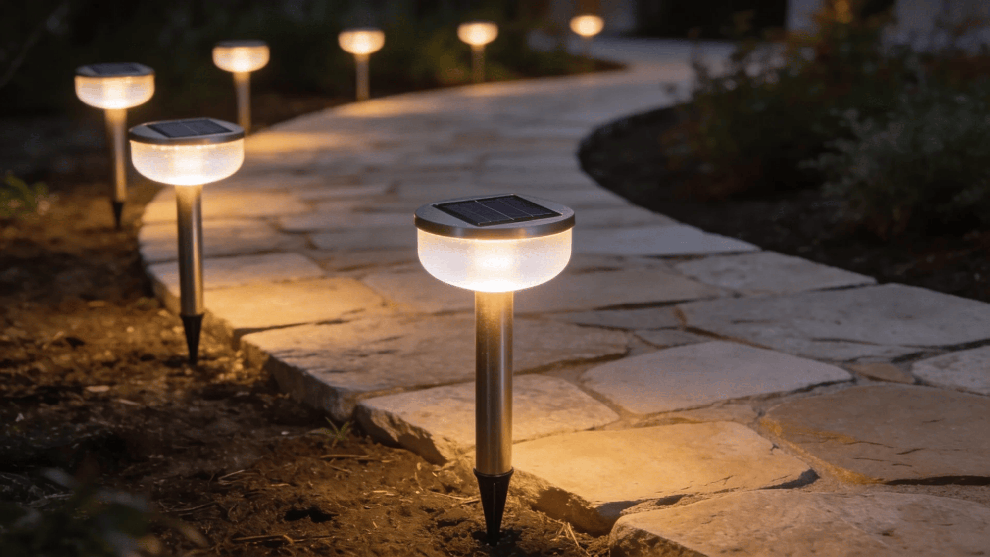 solar powered garden lights lining a curved stone pathway glowing softly at dusk in landscaped yard