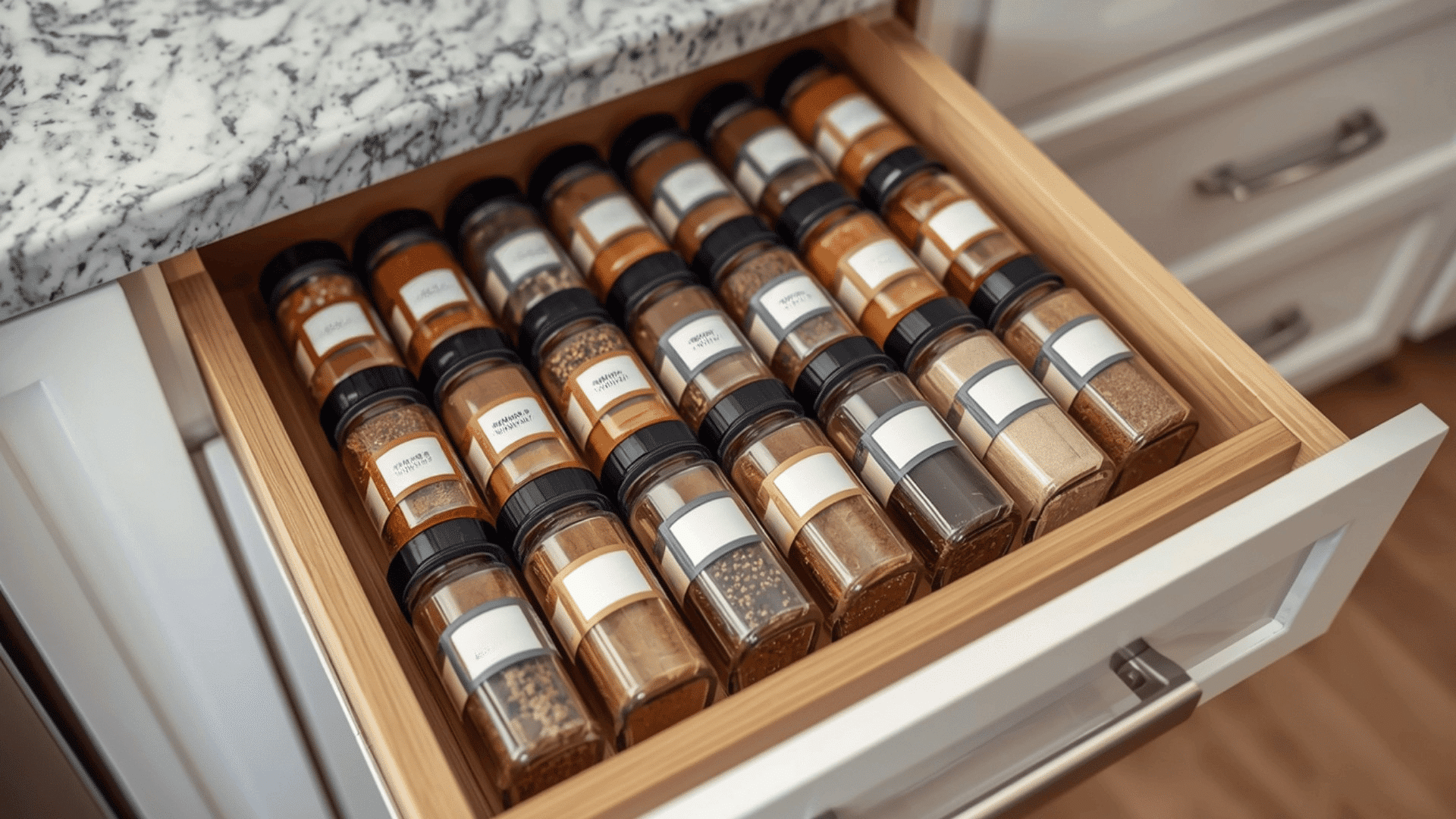 spice jars neatly arranged in kitchen drawer organizer showing how to organize kitchen drawers for easy access