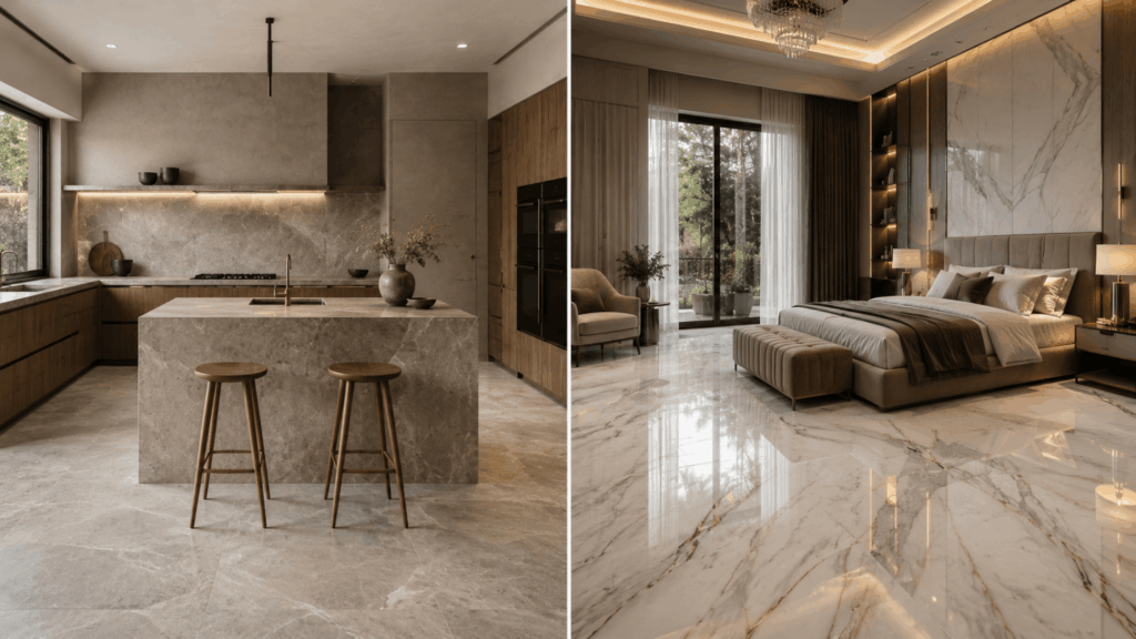 split screen kitchen and bedroom with honed and polished marble flooring in modern luxury home (1)