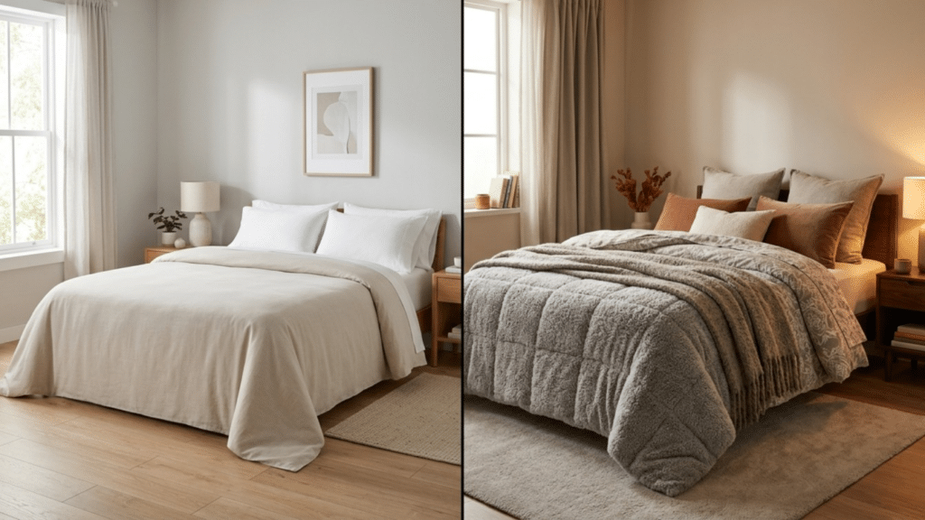 split view of white bedspread on bed and layered comforter with pillows showing light versus cozy bedding styles (1) (1)