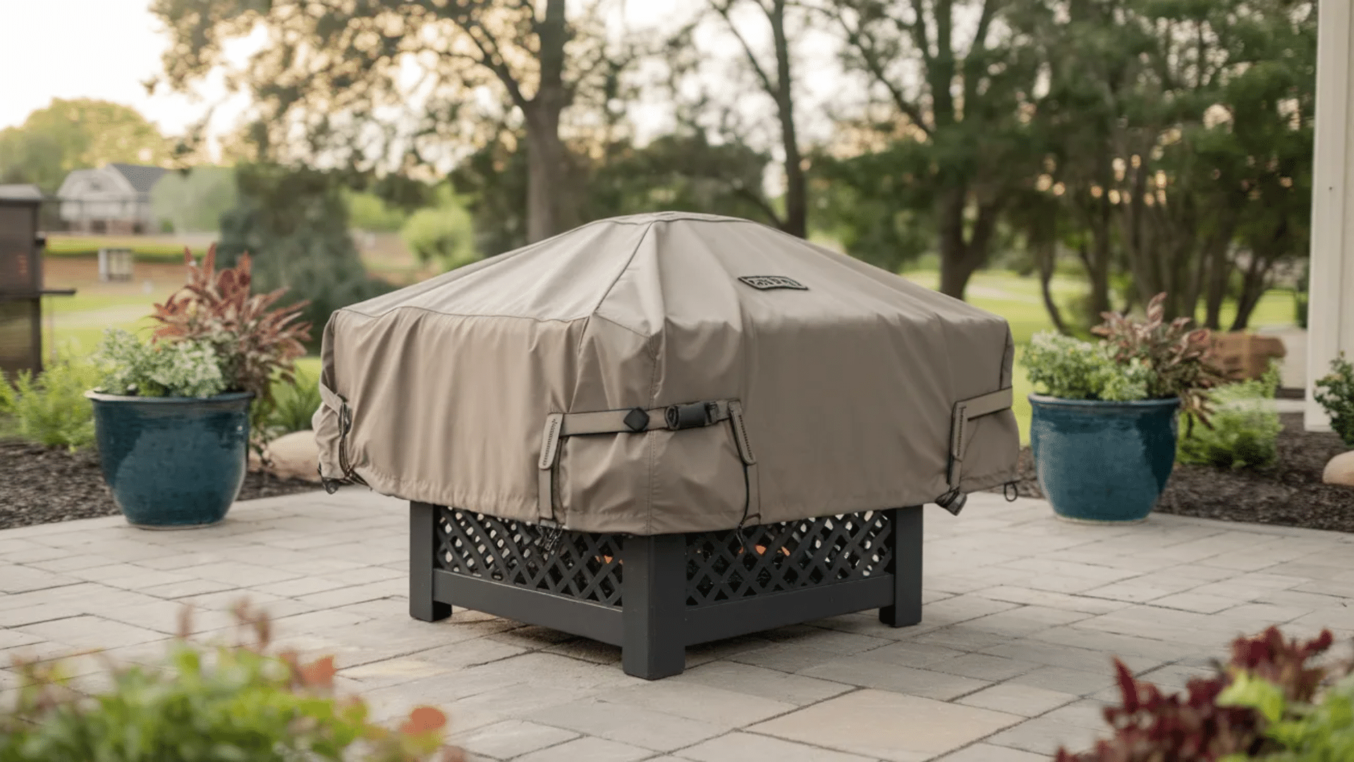 square fire pit covered with weatherproof outdoor cover