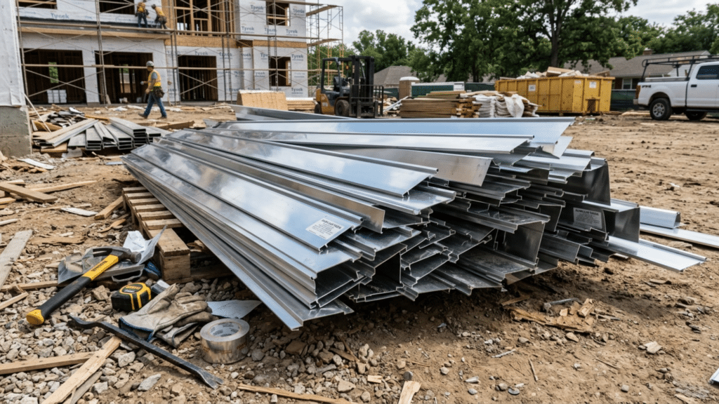 stack of aluminum fascia boards at a job site illustrating what is fascia on a house used for roof edge finishing