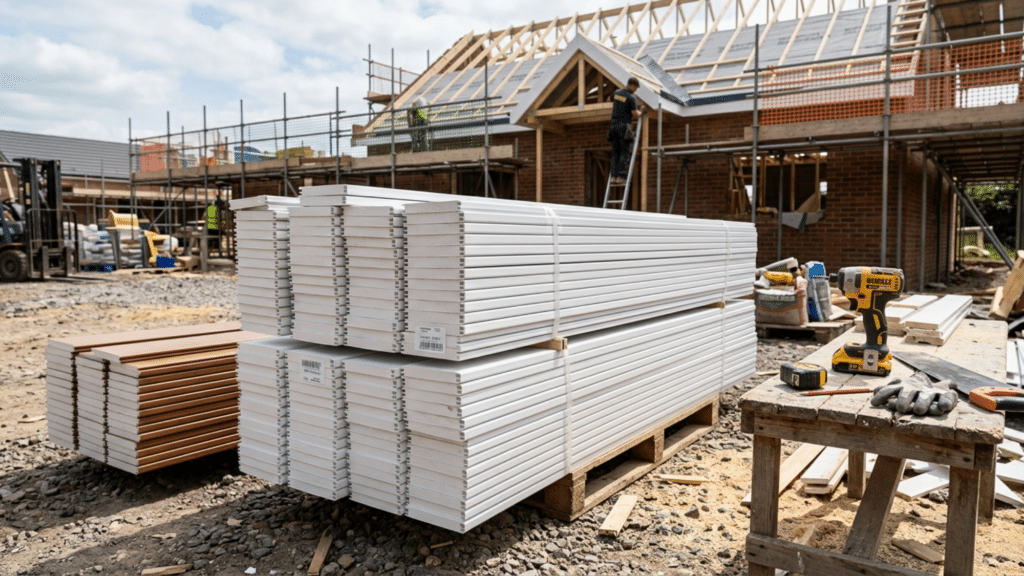 stack of pvc fascia boards at a build site showing what is fascia on a house used for roof edge protection and trim