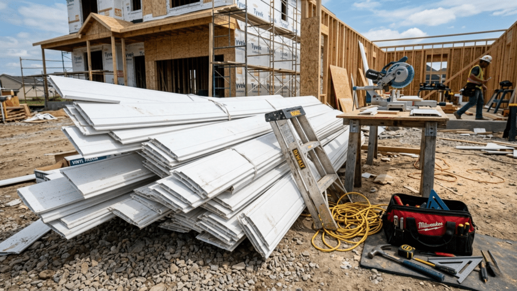 stack of vinyl fascia boards at a construction site showing what is fascia on a house used for roof edge protection