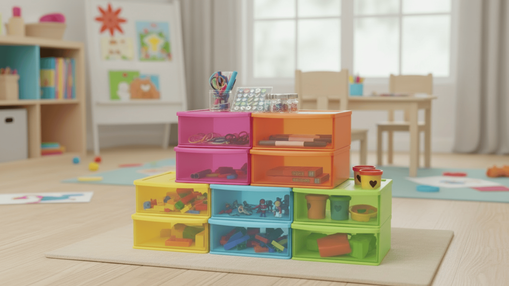 stackable drawers with colorful bins for kids toys art supplies and small items in organized playroom setup