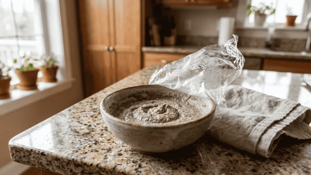 Granite stain-removal paste in bowl on countertop with cloth and plastic wrap.
