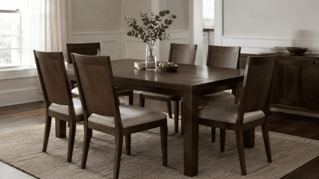 standard height wooden dining table with chairs in a modern dining room with soft natural lighting