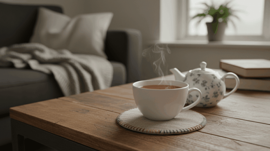 steaming cup of tea with teapot on wooden table near cozy sofa and books