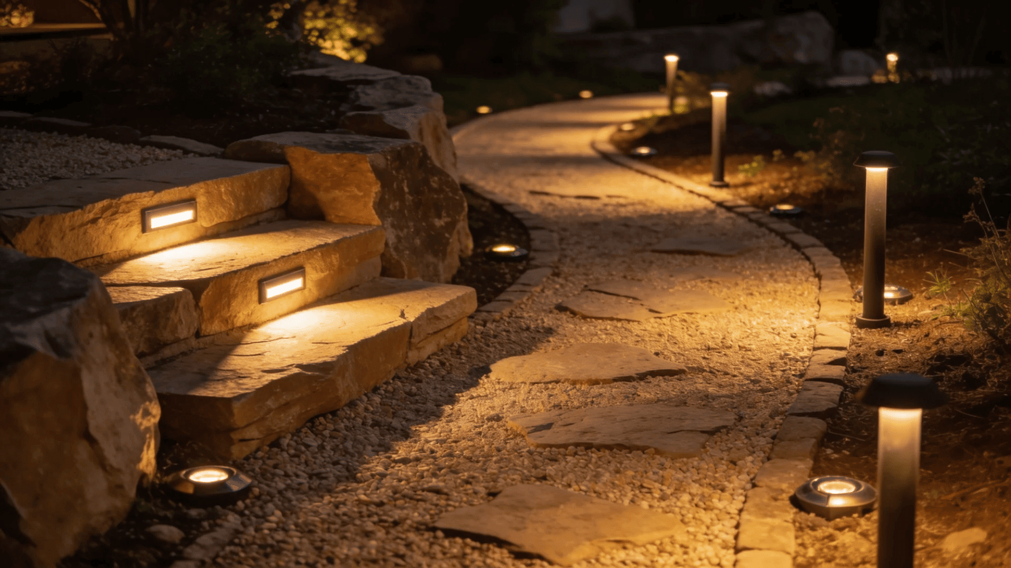 stone garden path with steps and soft ground lights guiding walkway in dark evening