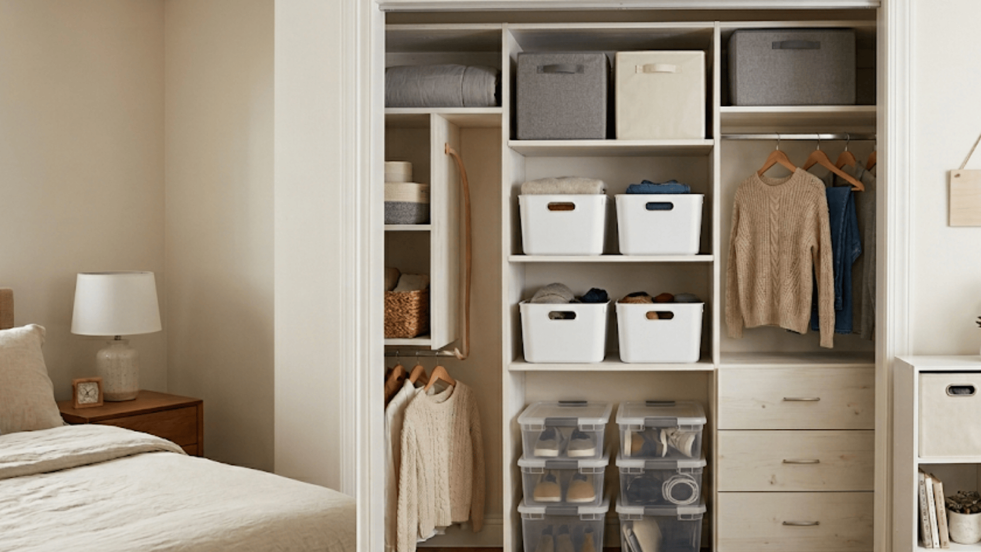 storage bins in closet shelves with folded clothes and items for simple bedroom organization ideas (1)