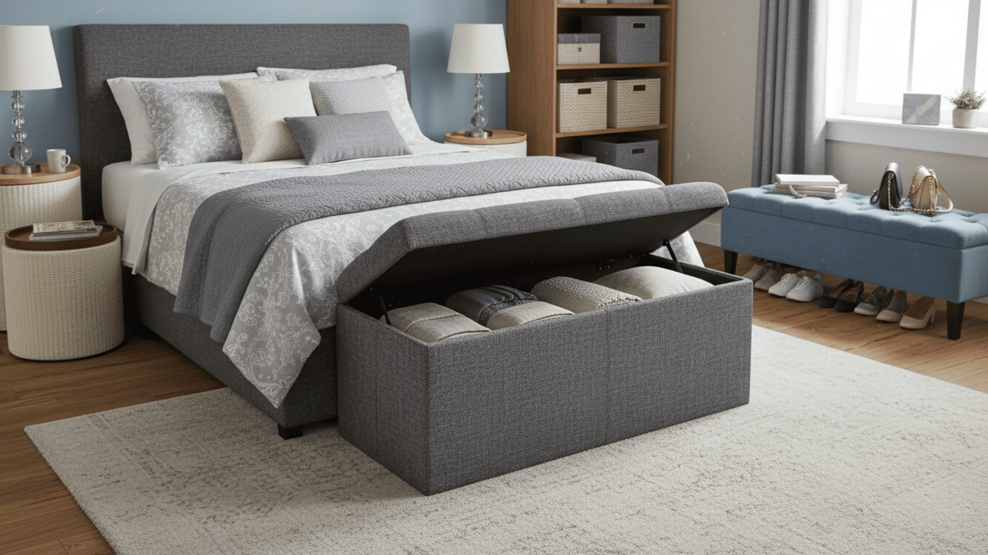 storage ottoman with hidden space for blankets and items in bedroom organization ideas
