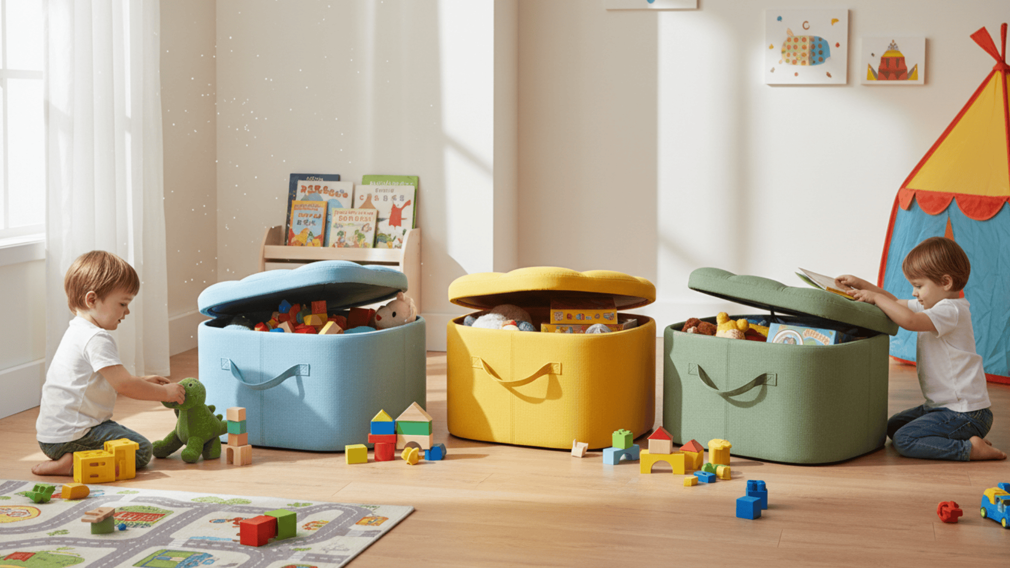 storage ottomans with hidden space for kids toys and blocks in clean and organized playroom setup