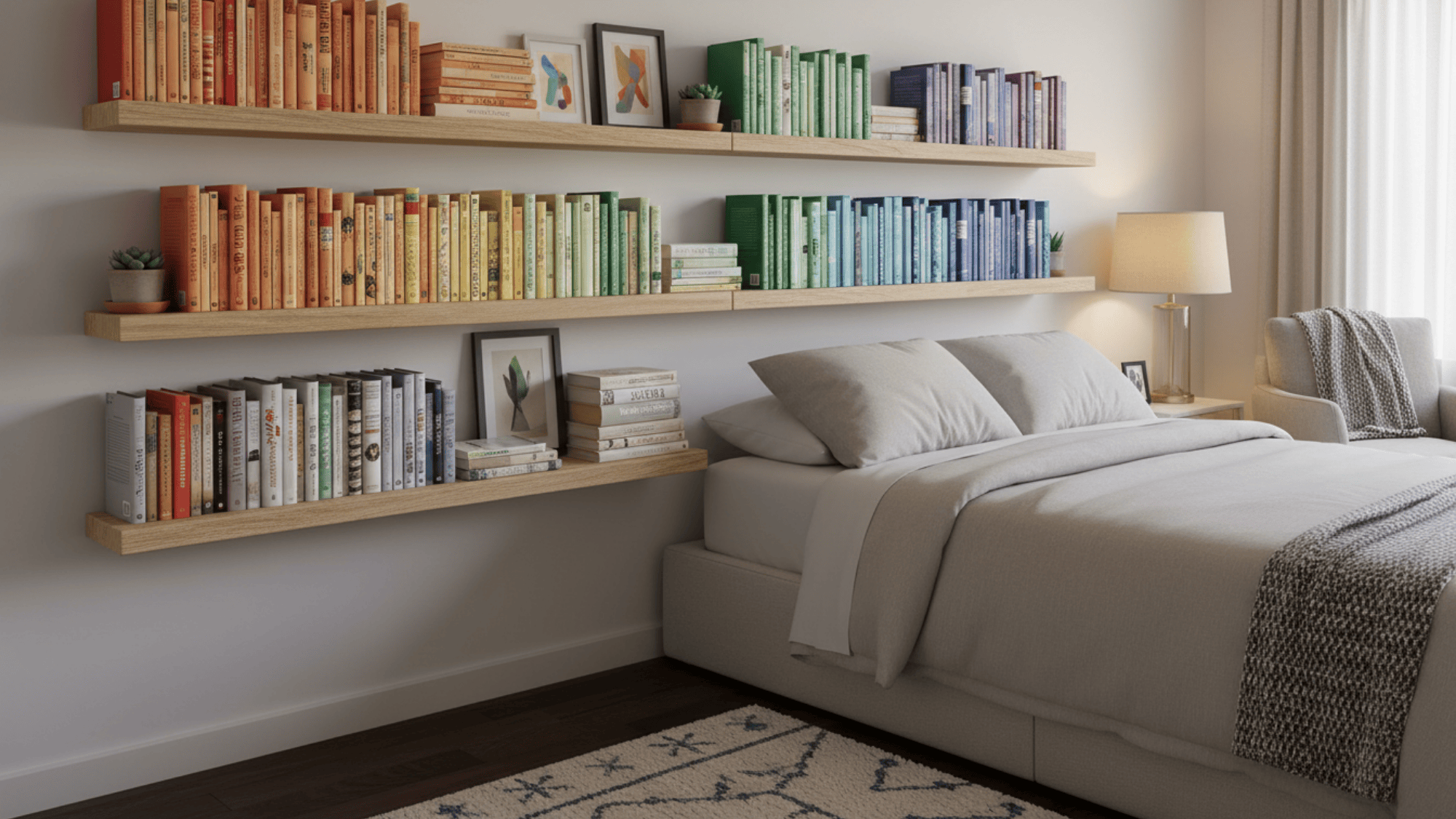 store books on wall shelves in bedroom to keep space neat organized and easy to access