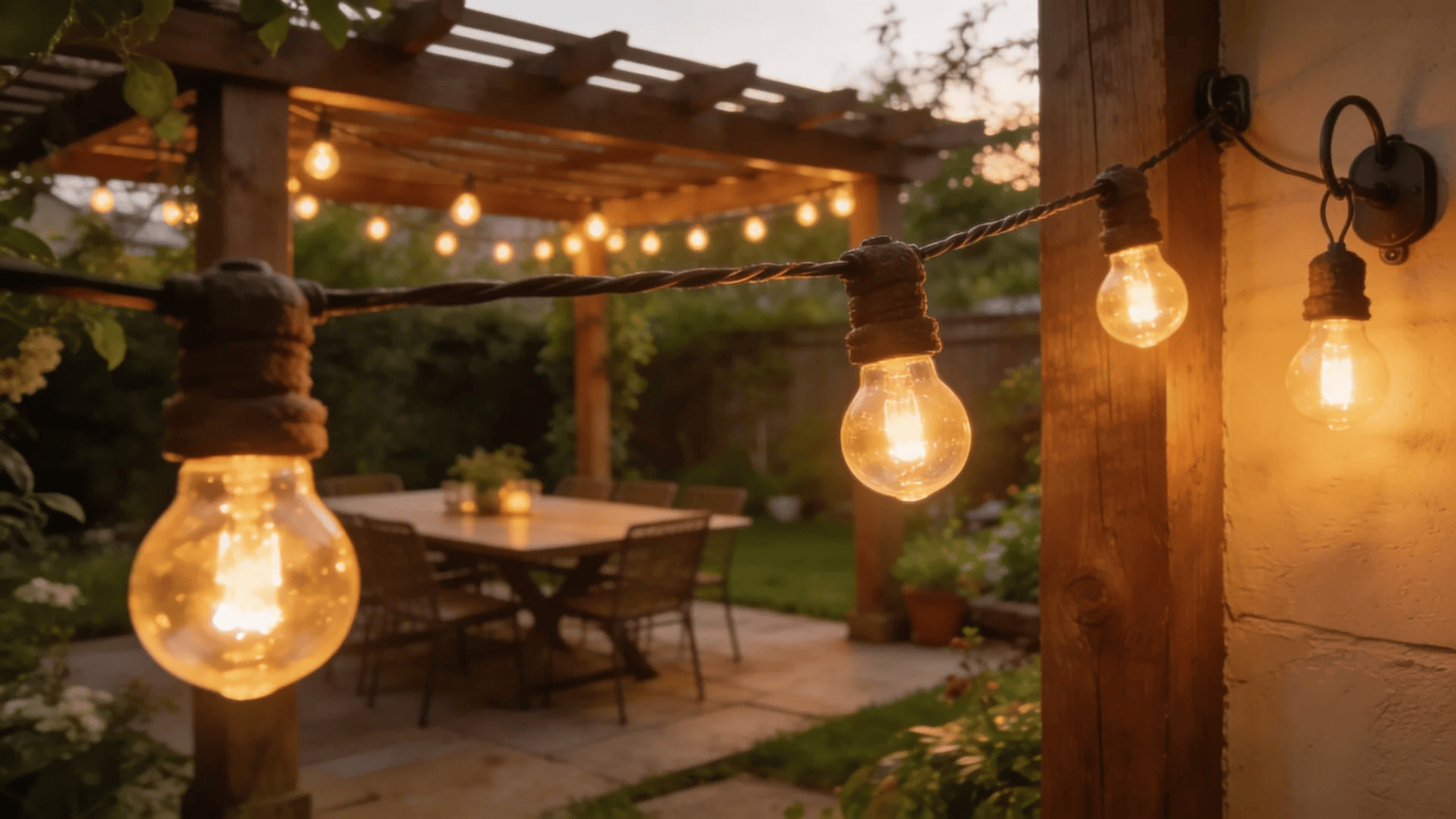 string lights hanging across patio near wooden post with warm glowing bulbs at dusk
