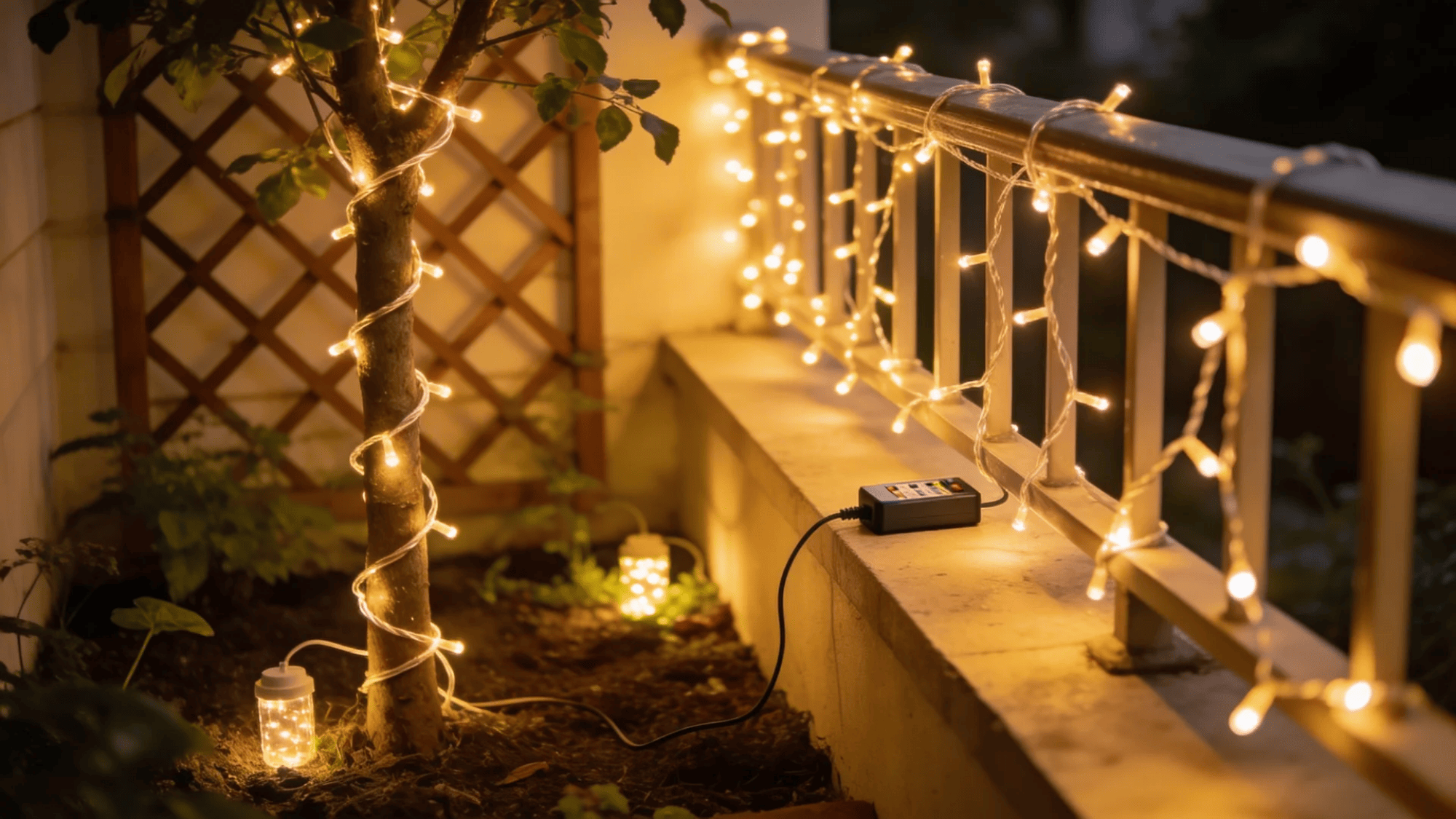 string lights wrapped around small tree and railing creating cozy balcony lighting at night