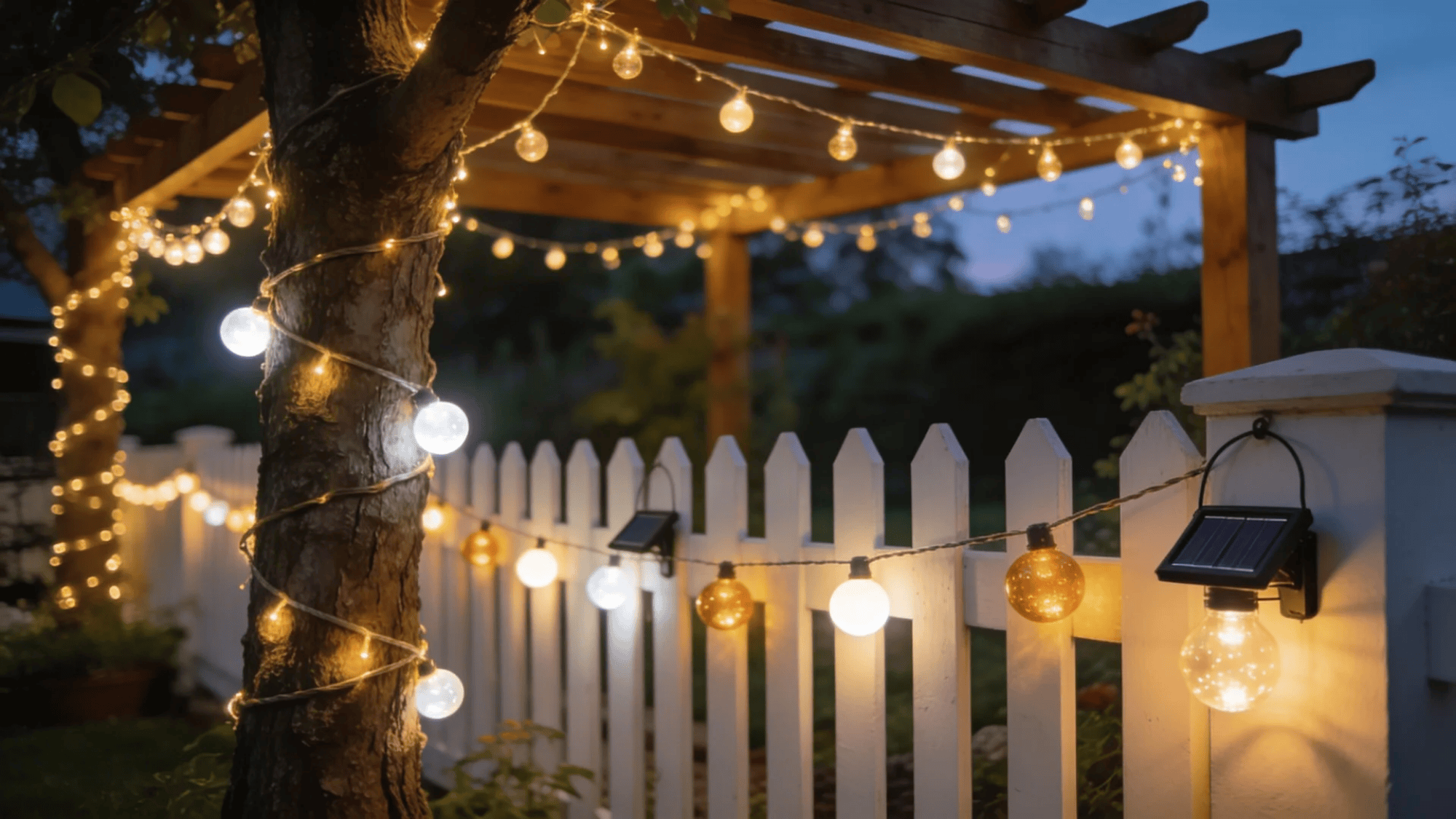 string lights wrapped around tree and fence glowing warmly in backyard at dusk