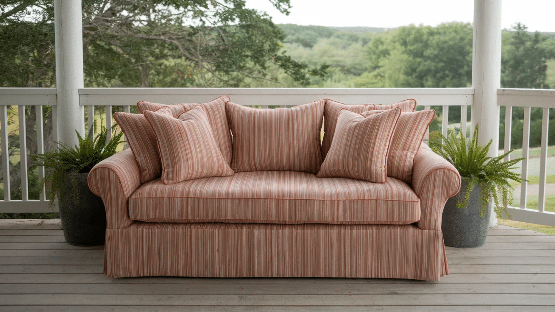 striped outdoor sofa with cushions on porch