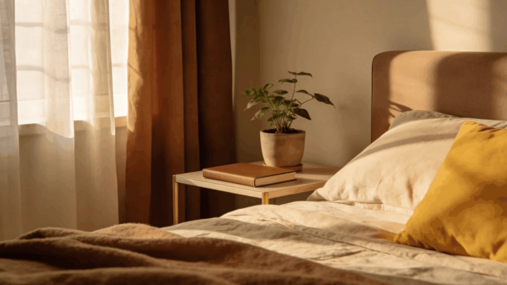 sunlight fills bedroom with pillows plant on bedside table by window