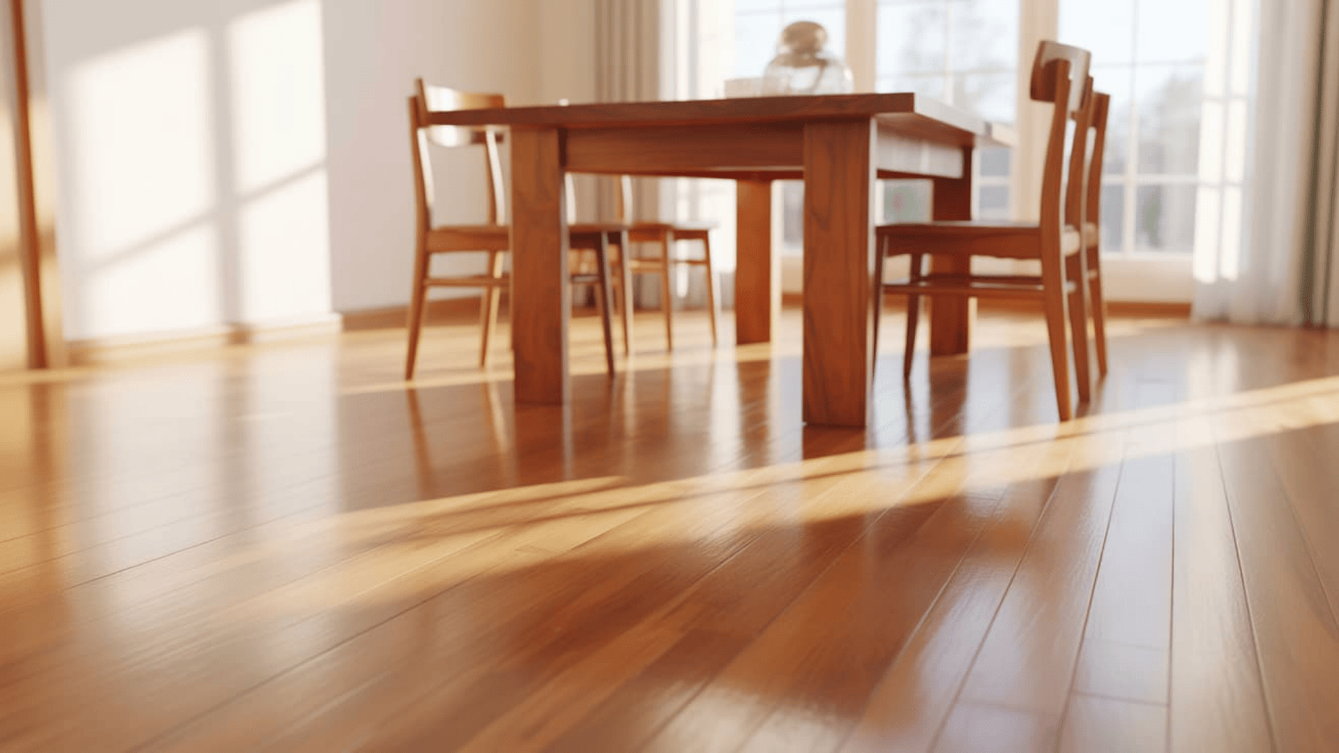 sunlit dining room with wooden table and chairs on glossy floor showing popular hardwood floor stain colors in warm natural tones