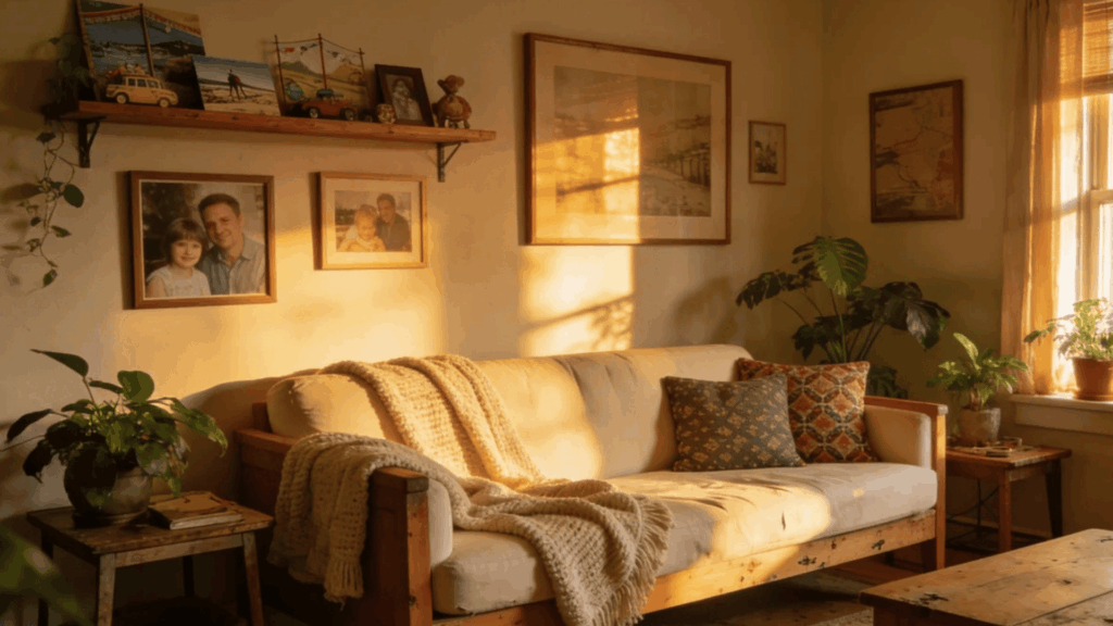 sunlit living room with cozy sofa framed photos plants near window warm afternoon light