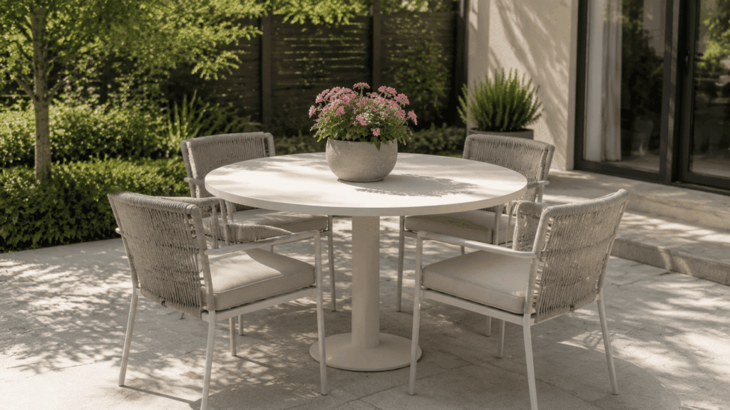 sunlit outdoor patio with a round white table four beige cushioned chairs and a potted pink flower in a serene garden setting