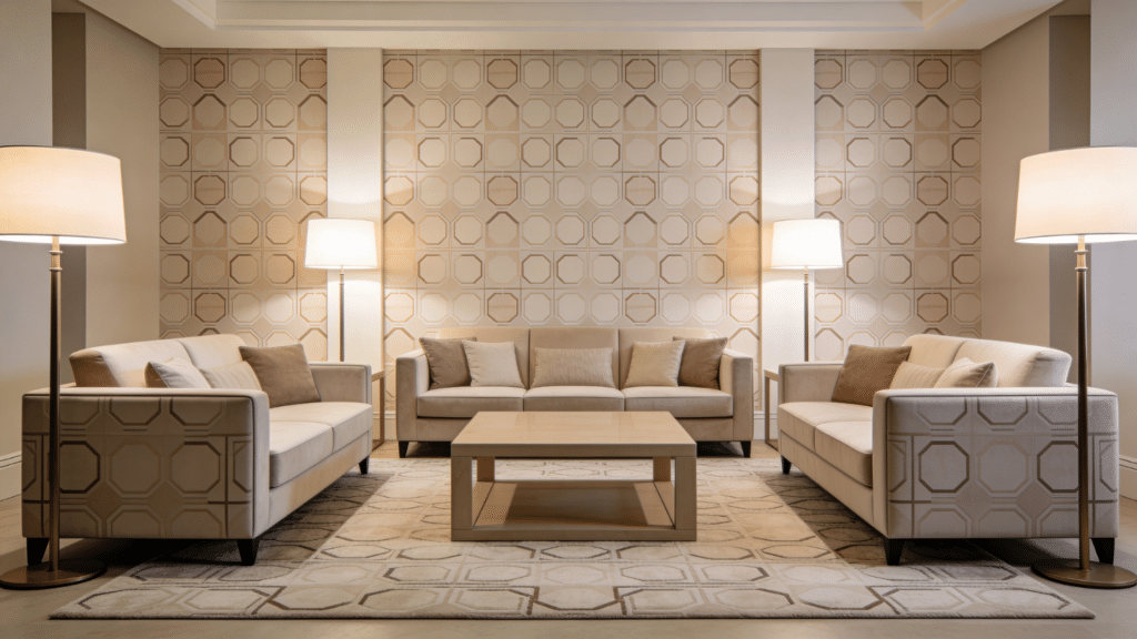 symmetrical living room with repeated patterns and neutral tone