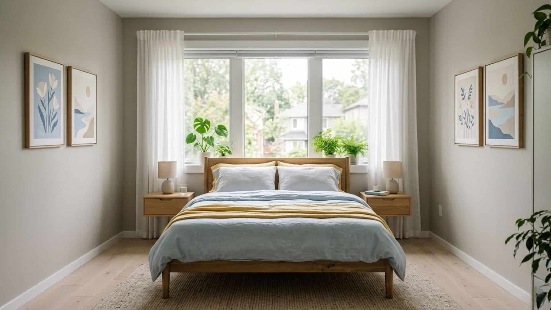 symmetrical wall art beside bed in front of window with taupe bedding soft light minimal pillows balanced bedroom design