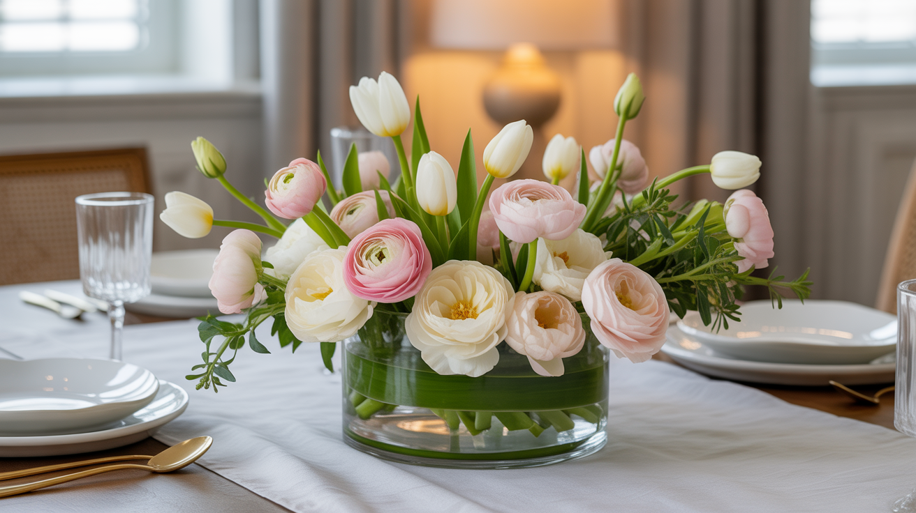 table decor ideas featuring a glass vase centerpiece with pink ranunculus and white tulips on a white linen tablecloth