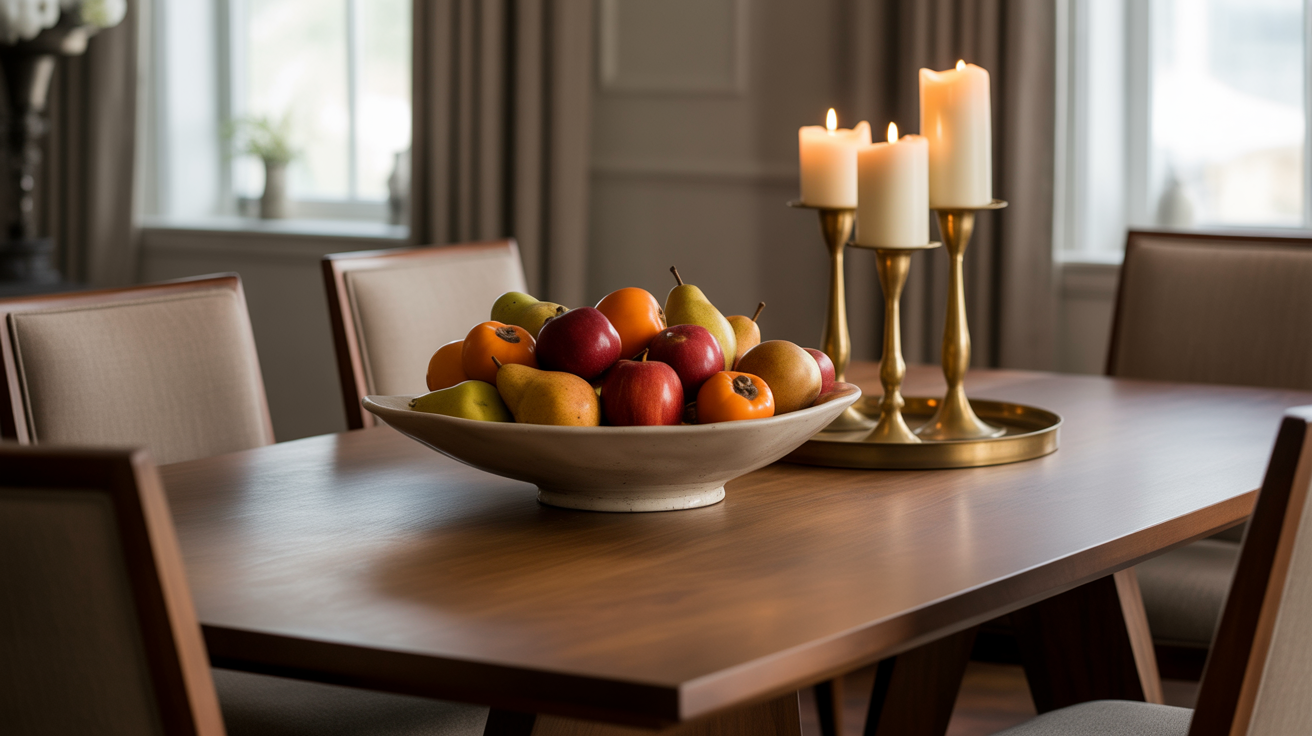 table decor ideas featuring a wooden dining table with a fruit bowl centerpiece and lit brass candleholders