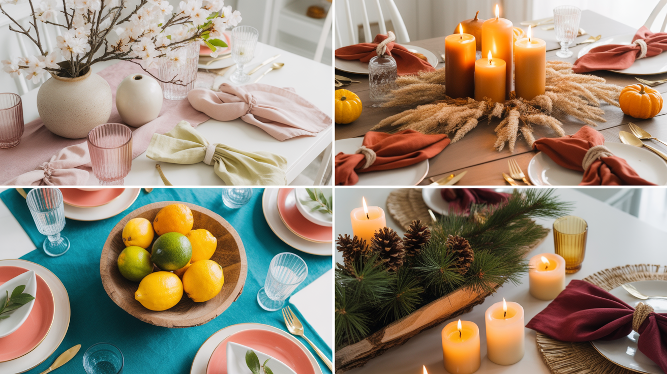 table decor ideas showing four seasonal dining table setups with spring florals autumn pampas grass summer citrus and winter pinecones