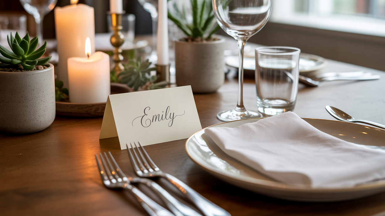 table decor ideas with a calligraphy place card beside potted succulents a lit pillar candle and white linen napkins