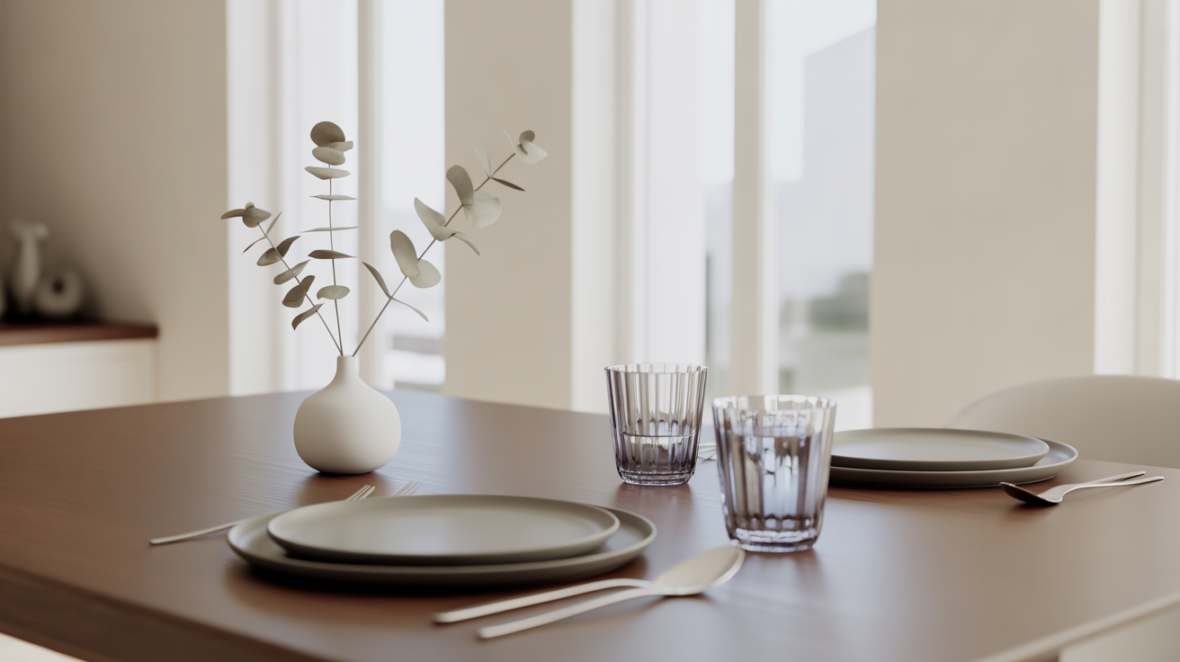 table decor ideas with a minimalist white vase holding dried eucalyptus beside sage green plates and ribbed glass tumblers