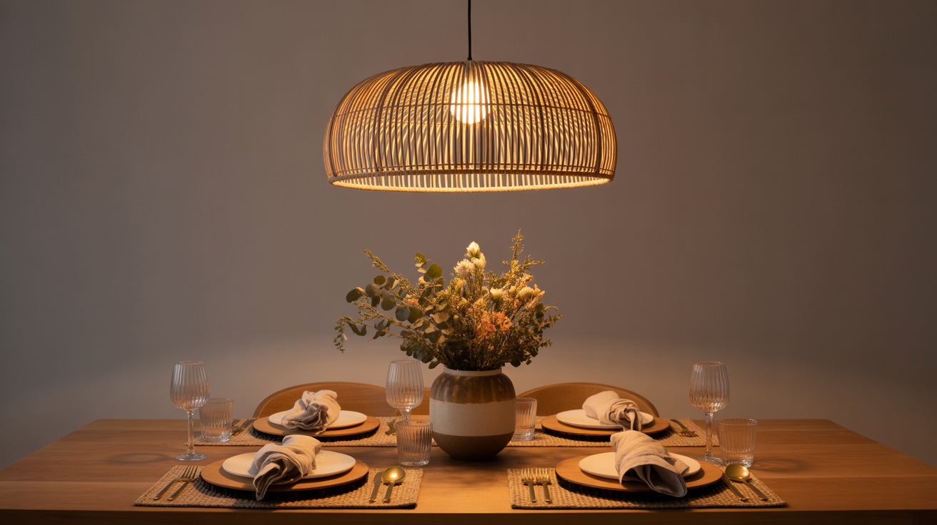table decor ideas with a rattan pendant light over a warm dining table set with a ceramic vase of wildflowers and woven placemats