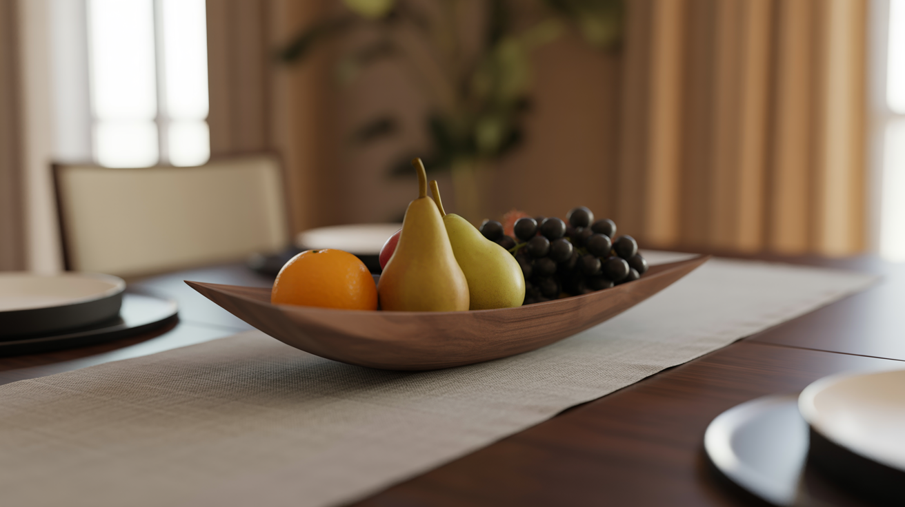 table decor ideas with a sculptural wooden boat bowl holding fresh pears grapes and an orange on a linen table runner