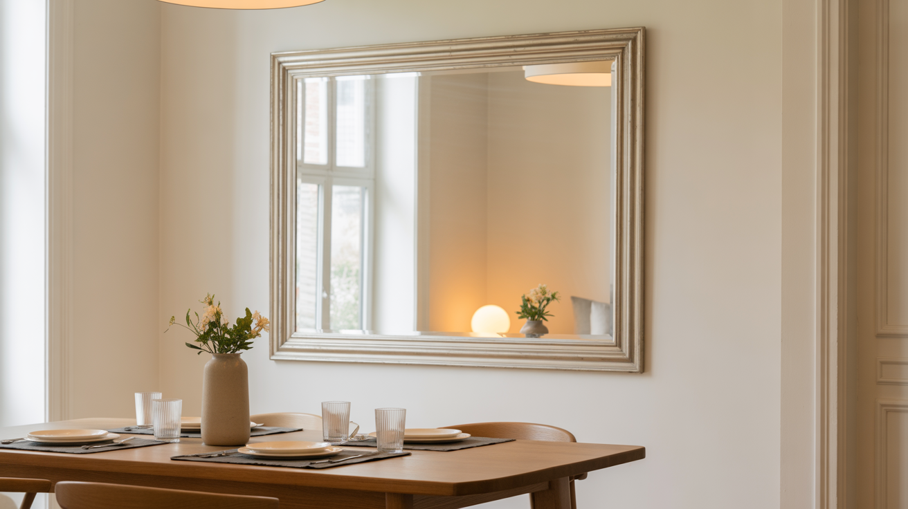 table decor ideas with a silver framed wall mirror above a simple dining table with a stoneware vase and ribbed glassware