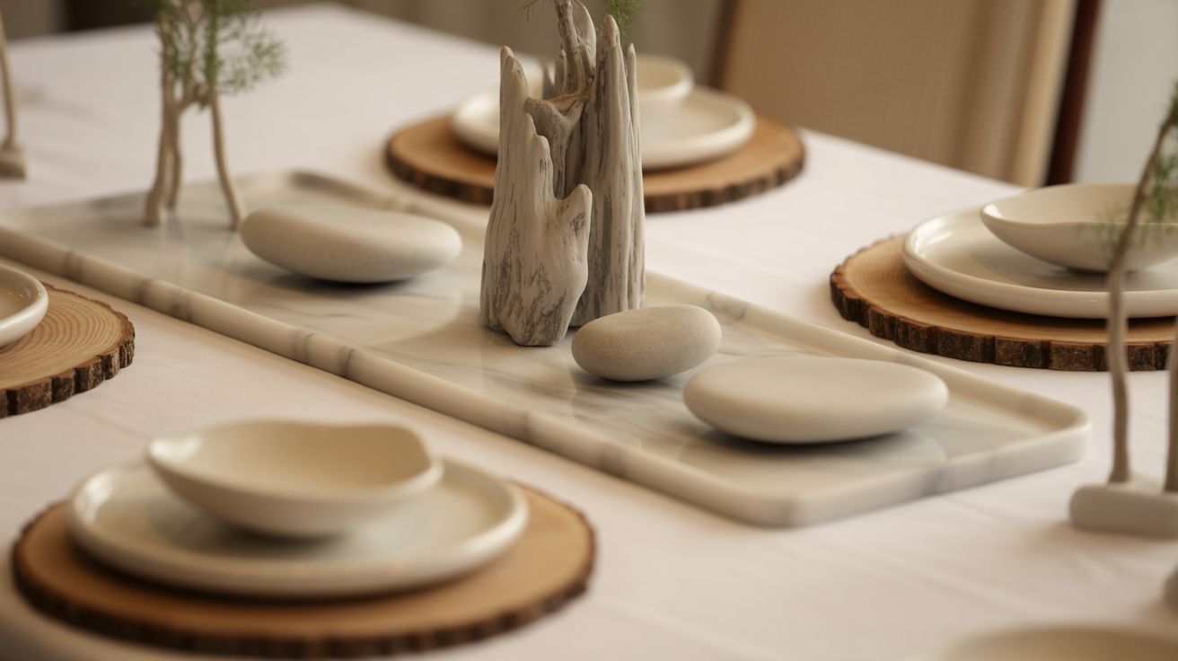 table decor ideas with a zen inspired setup featuring driftwood river stones wood slice placemats and white ceramic dishes