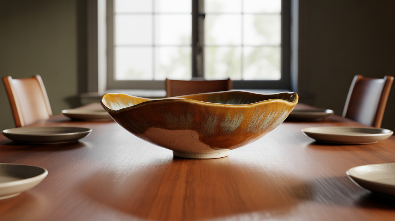 table decor ideas with an amber glazed artisan ceramic bowl as a statement centerpiece on a rich walnut dining table
