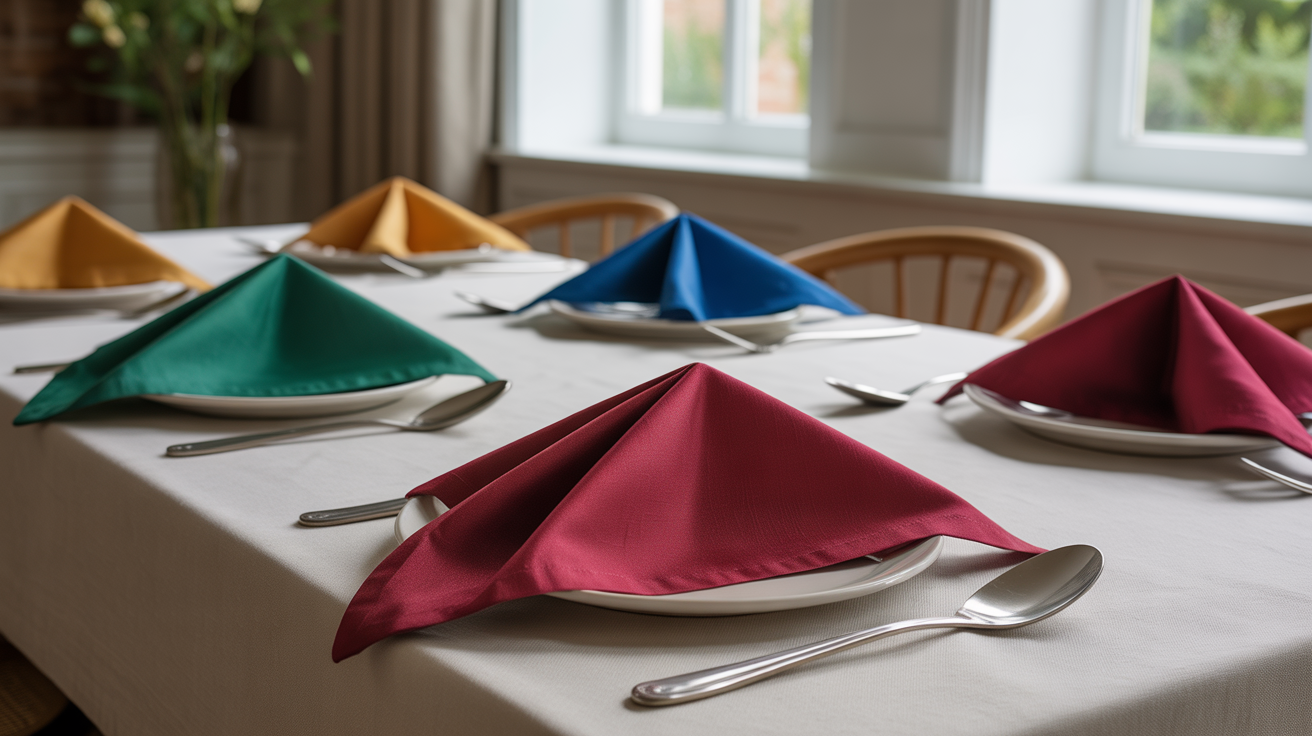 table decor ideas with colorful triangle folded cloth napkins in burgundy green blue and yellow on white plates
