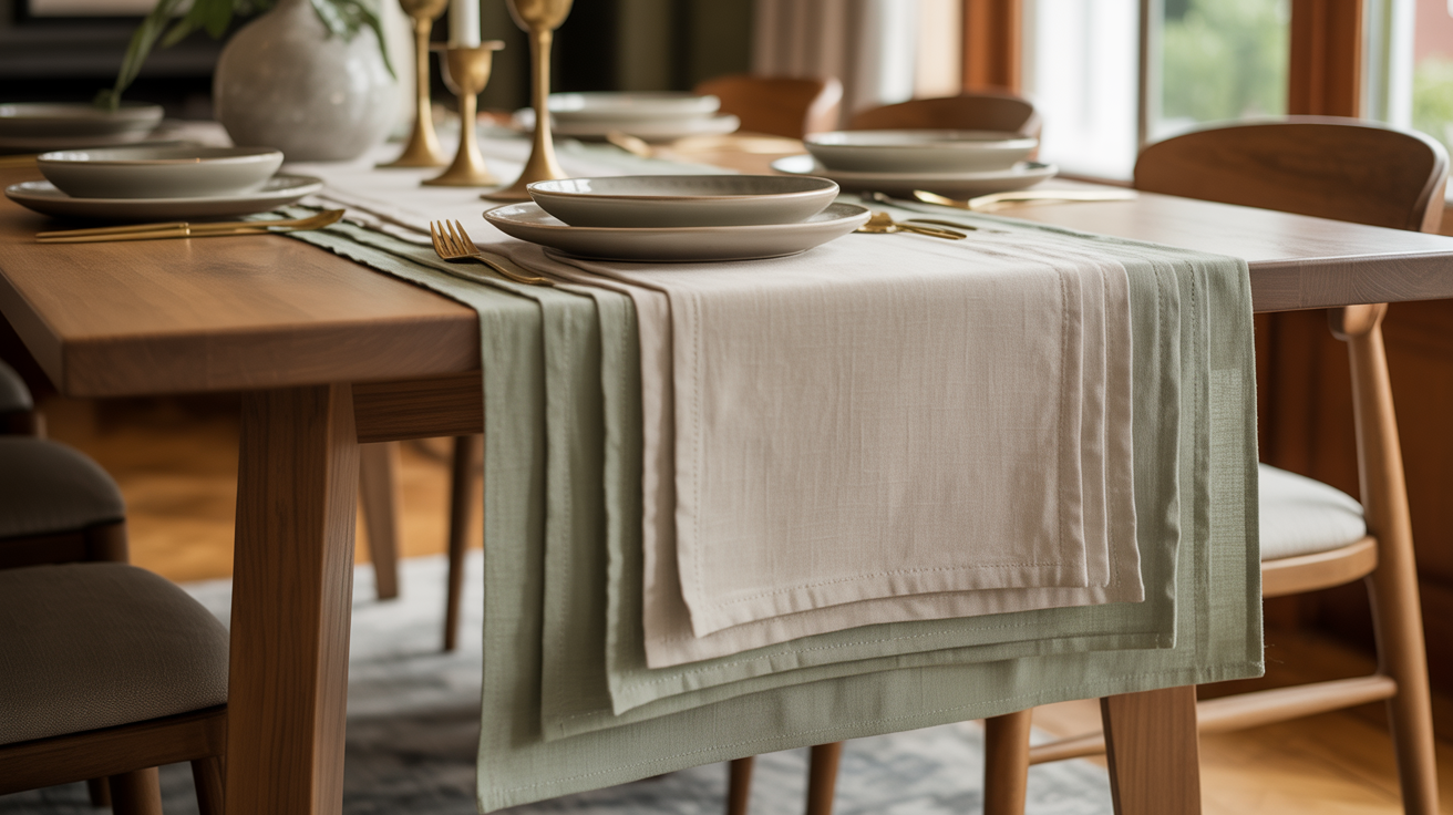 table decor ideas with layered sage green and cream linen table runners paired with gold cutlery
