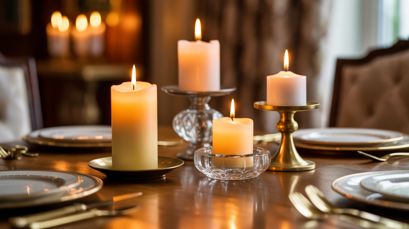 table decor ideas with lit pillar candles on mixed gold and crystal candleholders atop an elegant wooden dining table