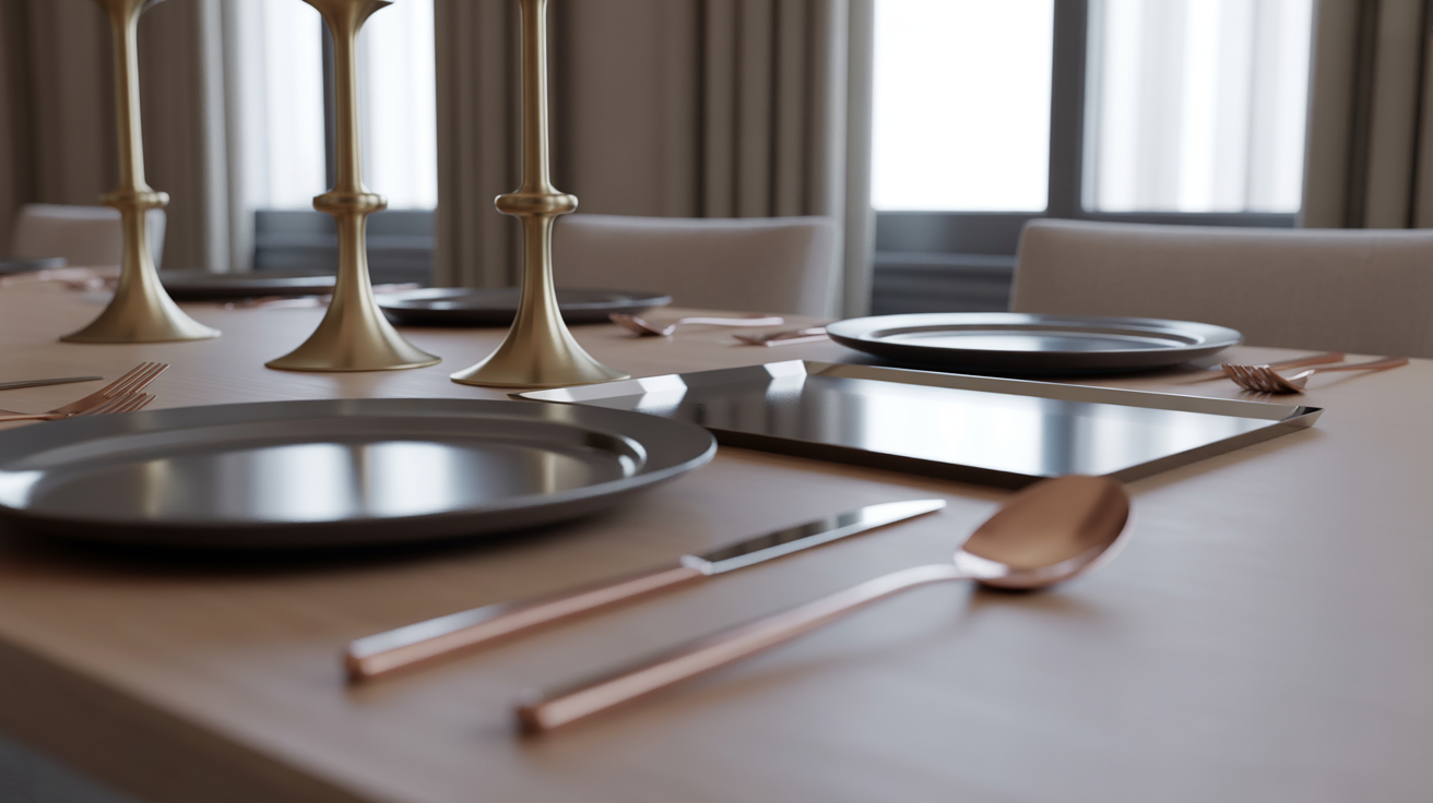 table decor ideas with matte black charger plates rose gold cutlery and sculptural brass candlesticks on a light wood table