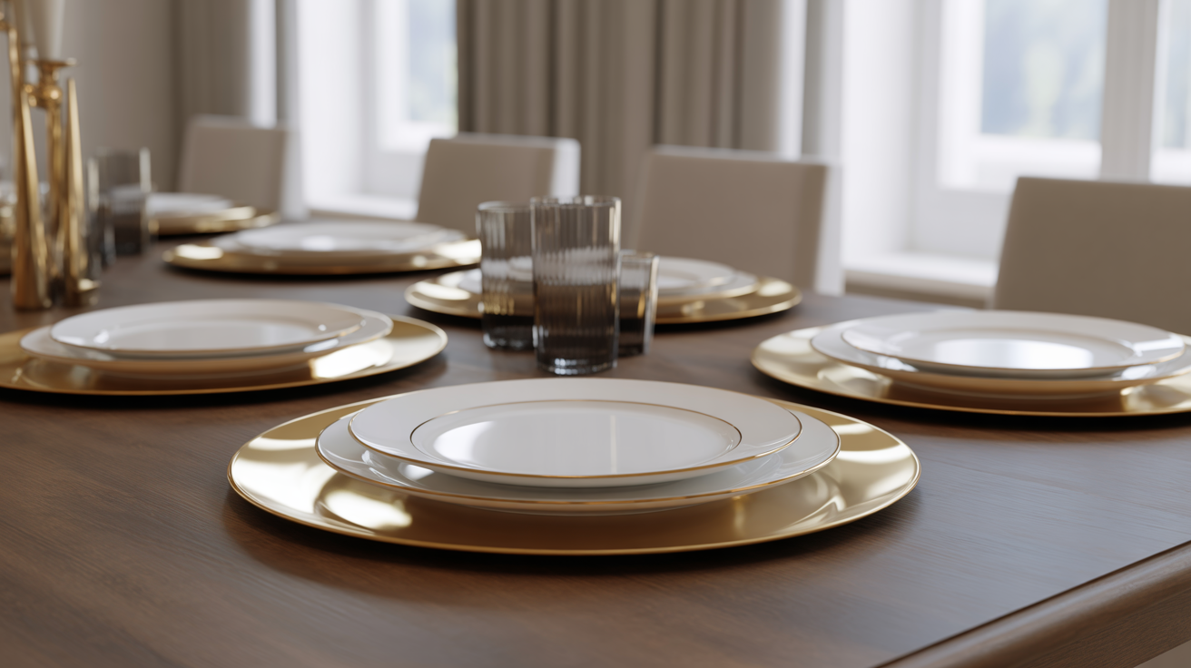 table decor ideas with polished gold charger plates layered with white gold rimmed dinnerware and ribbed glass tumblers