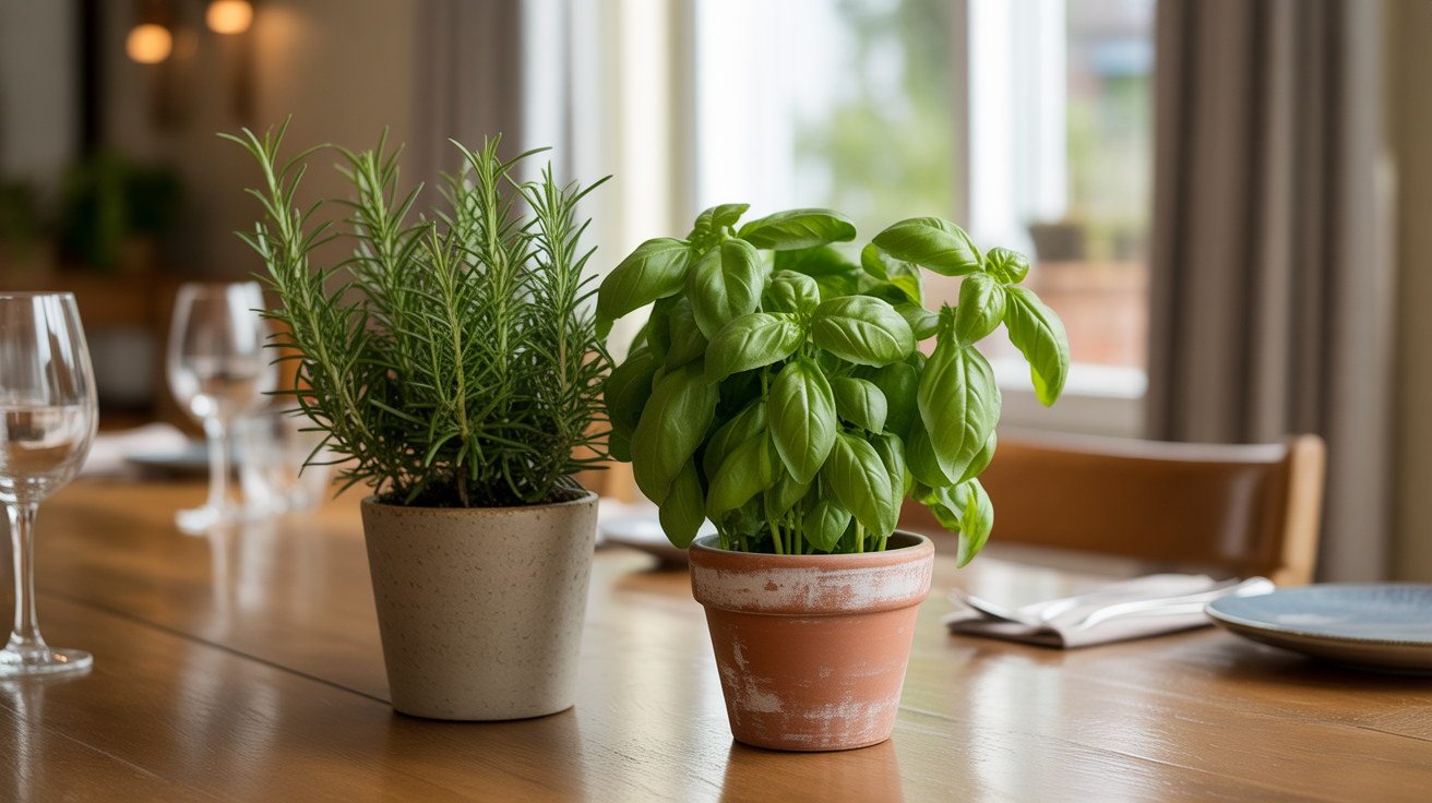 table decor ideas with potted rosemary and basil herbs in stone and terracotta pots as a natural dining table centerpiece